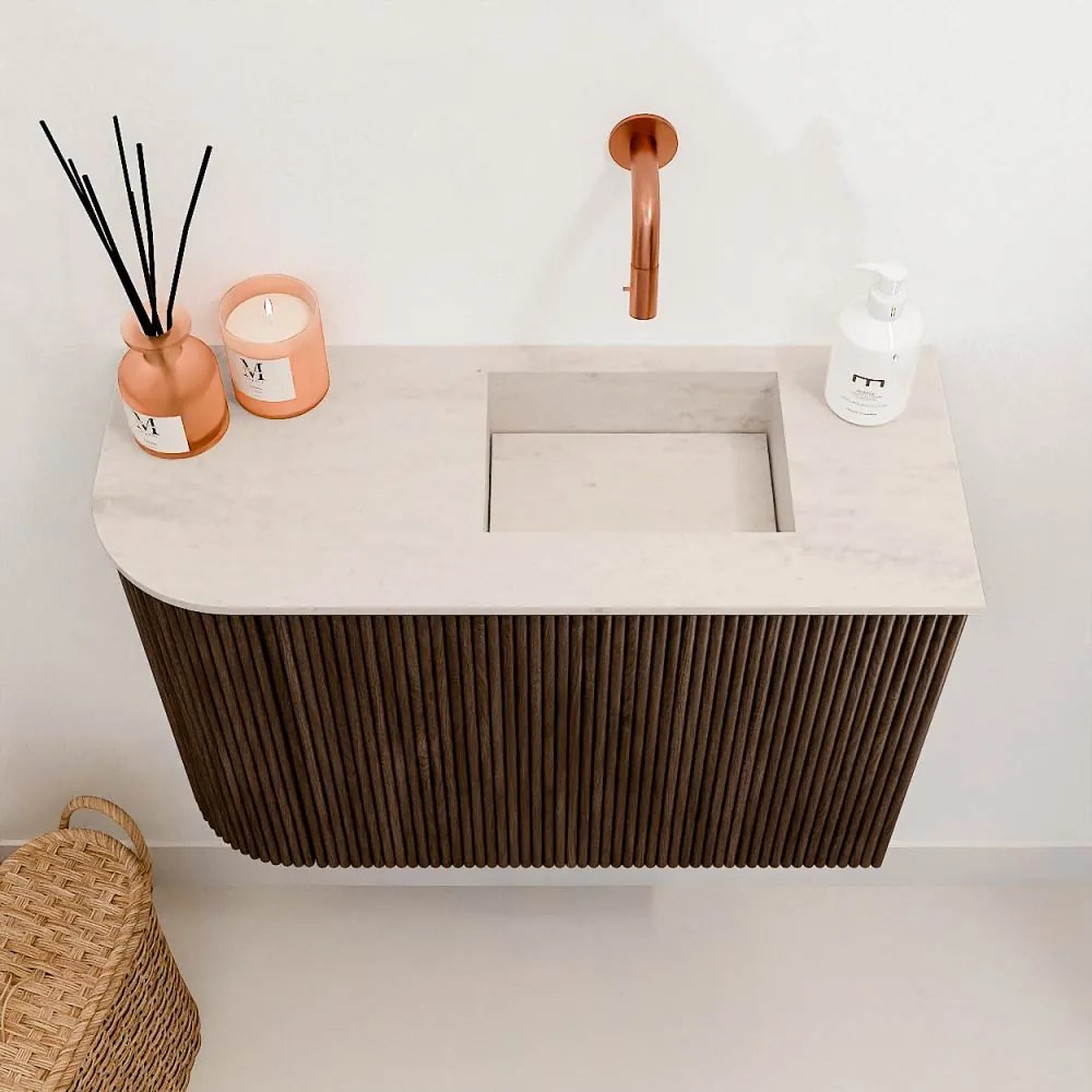 Mondiaz Joya DLux 60cm toiletmeubel ronding links walnut met wastafel faye rechts zonder kraangat meli