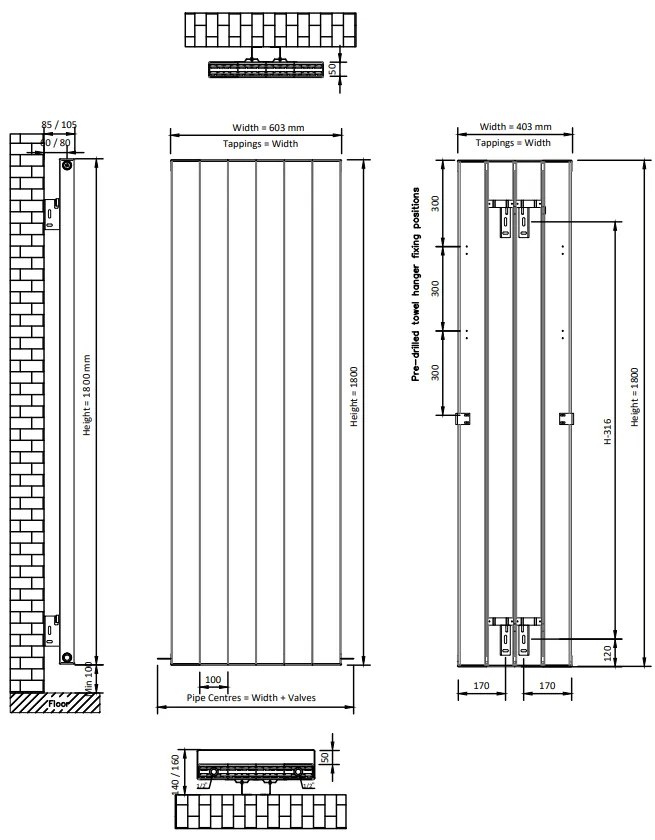 Eastbrook Vesima radiator 60x180cm aluminium 2134W antraciet