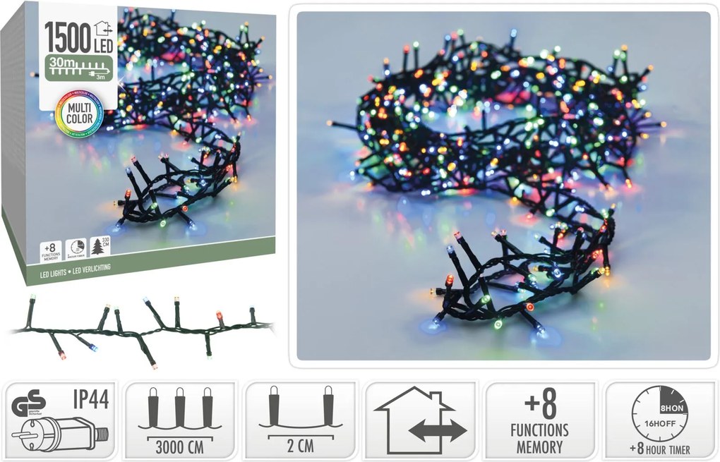 Micro clusterverlichting - 30 m - 1500 gekleurde ledlampjes - 8 functies
