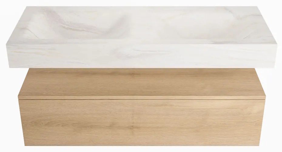 Mondiaz Alan DLux badmeubel 120cm washed oak 1 lade met wastafel ostra dubbel 2 kraangaten