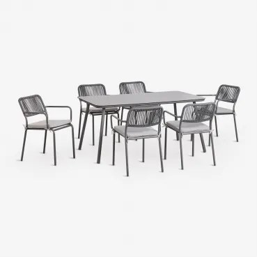 Rechthoekige Eettafelset 160x90 Cm Met 6 Stapelbare Eetkamerstoelen Van Gevlochten Touw Arhiza Grijs – Grafiet - Sklum