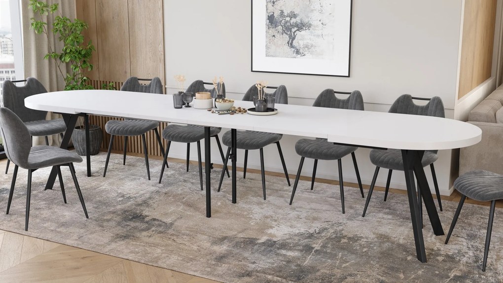Mazzoni EXPANSO Wit mat / zwarte poten - OVALE UITSCHUIFTAFEL 160-360 cm VOOR 16-18 PERSONEN