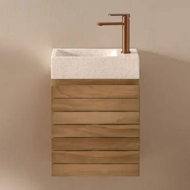 Conjunto Vaniteitmeubel Zwevend Van Teakhout Met Geïntegreerde Wasbak Van Napier-cement Teakhout & Spiegelloze & Rosé Goud - Sklum