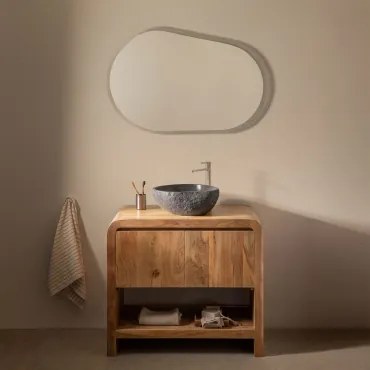 Vacry Acaciahouten Badkamermeubelset Acacia Bruin & Onregelmatige In Zwart Cement ↔︎40 Cm Fedro & Ovaal Led En Anticondens - Sklum