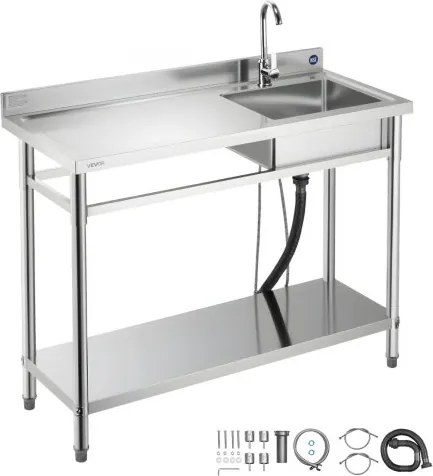 VEVOR RVS spoelbak (120 x 50 x 94 cm), enkele kom met kraan en plank, keukengootsteen voor garage, restaurant, wasruimte, buitenwasbak met werkblad (links)