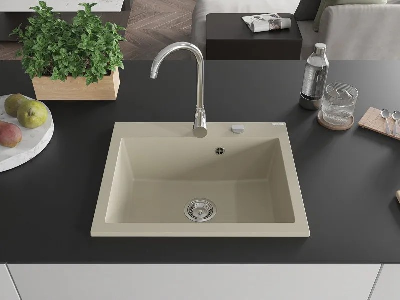 Mexen Elix granieten gootsteen 1-kamer 600 x 500 mm, beige, chrom sifon - 6525601005-69