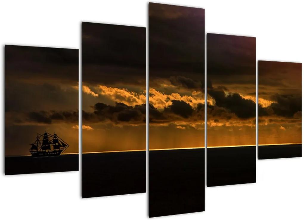 Schilderij - Zeilboot bij zonsondergang (150x105 cm), 40 andere afmetingen