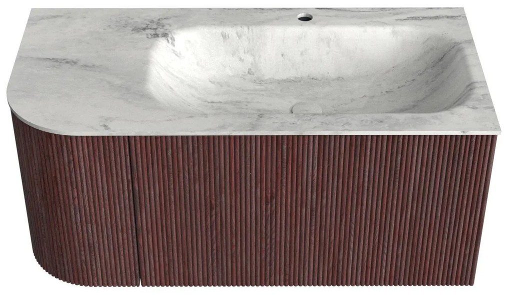 Mondiaz Kurve-dlux 95cm badmeubel ronding links ruby met 1 lade en deur en wastafel big small kraangat rechts opalo