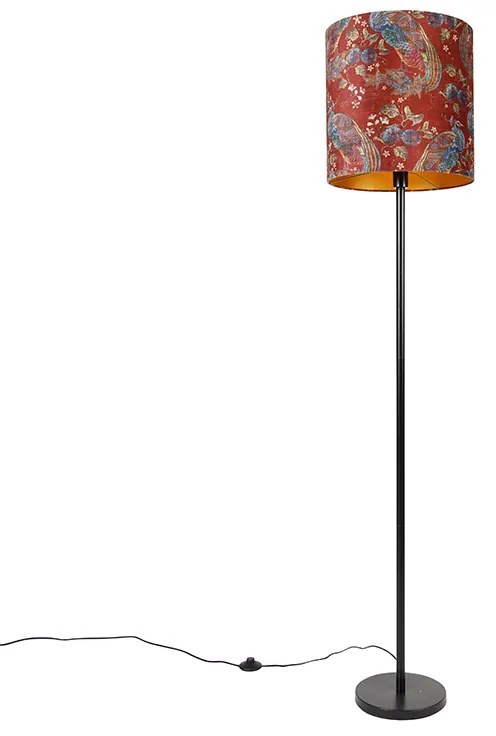 Vloerlamp zwart kap pauw dessin rood 40 cm  - Simplo