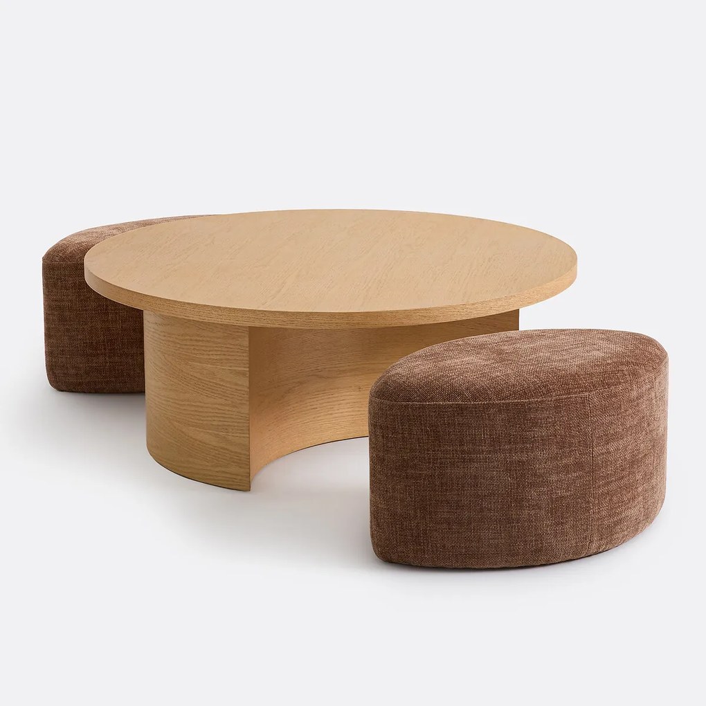 Ronde eiken gefineerde salontafel met 2 poefs, JEN