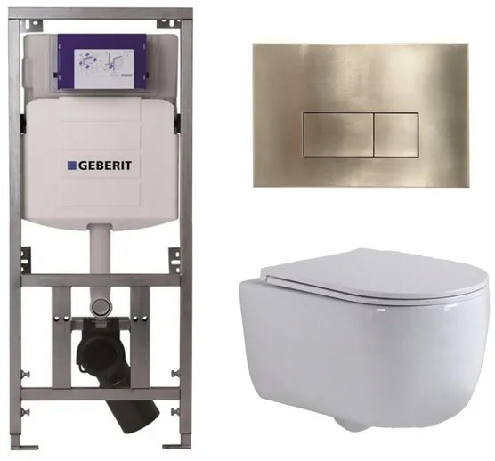 QeramiQ Dely Swirl Toiletset - 36.3x51.7cm - Geberit UP320 inbouwreservoir - met Burda frame - slim zitting - geborsteld messing bedieningsplaat - rechthoekige knoppen - wit glans 0701131/SW706201/SW1000766/SW1026256