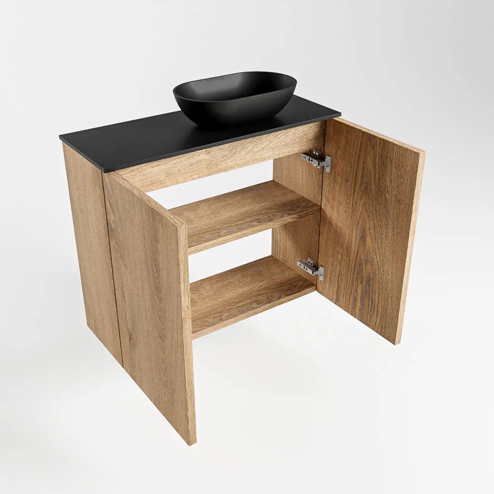 Mondiaz Fowy toiletmeubel 60cm washed oak met zwarte waskom rechts en kraangat