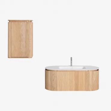 Badmeubelset Van Hout Met Geïntegreerde Wastafel Carsone Natuurlijk Hout & Natuurlijk Hout & Spiegelloze & Geborsteld Grijs ↑20 - Sklum