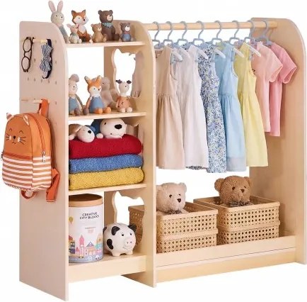 VEVOR Kinderkledingkast 120x40x106cm, Kinderkledingkast met spiegel, kledingstang en planken, Multiplex houten kaptafel voor meisjes, Kinderkledingkast voor verkleedpartijen en de slaapkamer, Natuurlijk hout