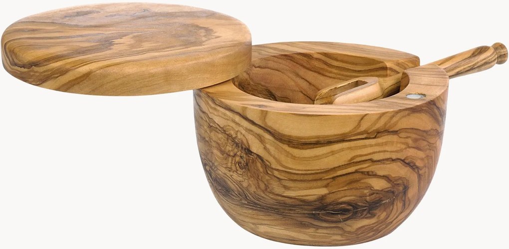 Olijfhouten zoutcontainers Logan met deksel en lepel, 2-delig
