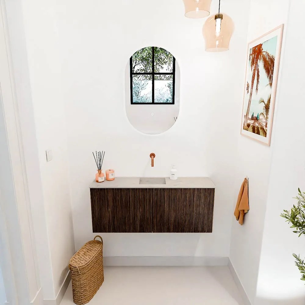 Mondiaz Joya DLux 100cm toiletmeubel walnut met wastafel faye midden zonder kraangat opalo