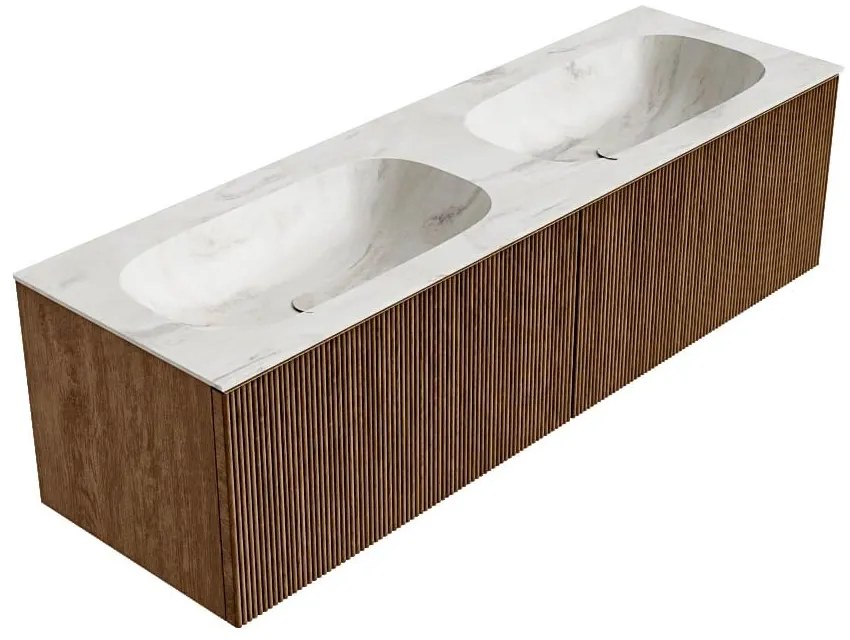 Mondiaz Kurve-dlux 150cm badmeubel walnut met 2 lades en wastafel stor small dubbel zonder kraangat ostra