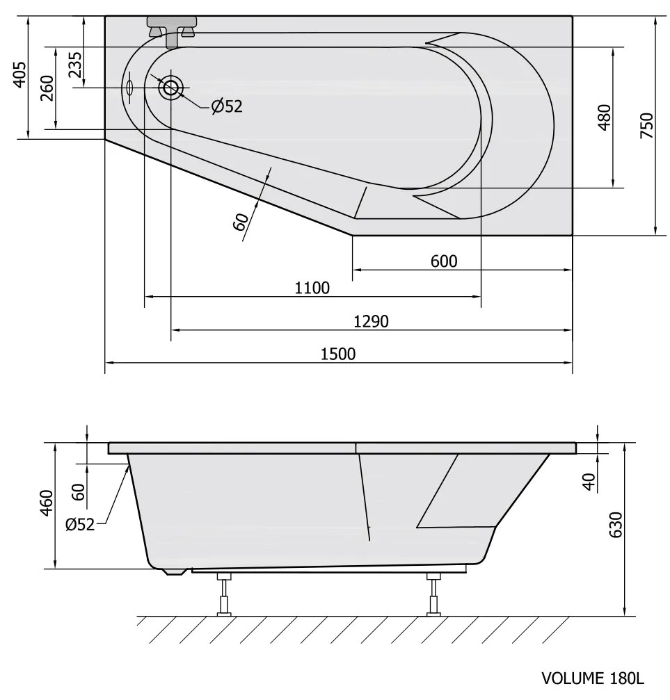 Polysan Tigra asymmetrisch ligbad 150x75cm rechts wit