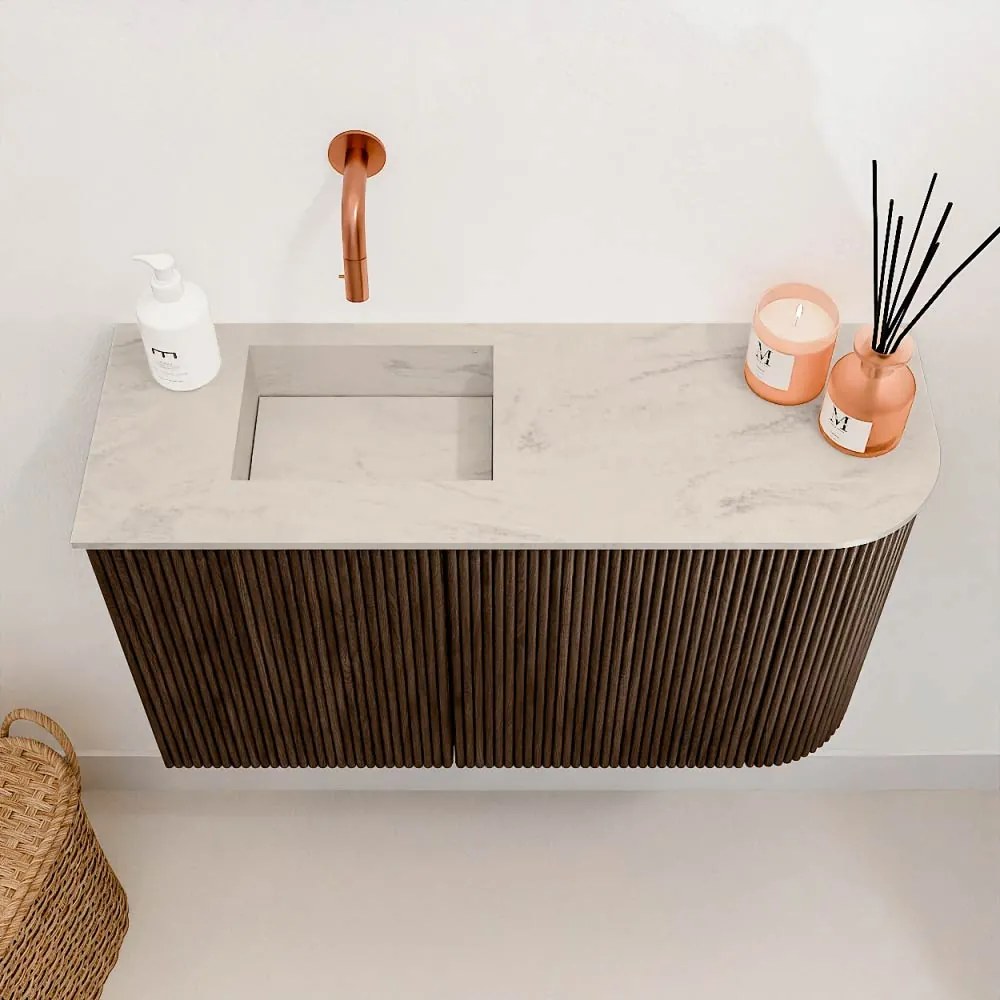 Mondiaz Joya DLux 70cm toiletmeubel ronding rechts walnut met wastafel faye links zonder kraangat opalo