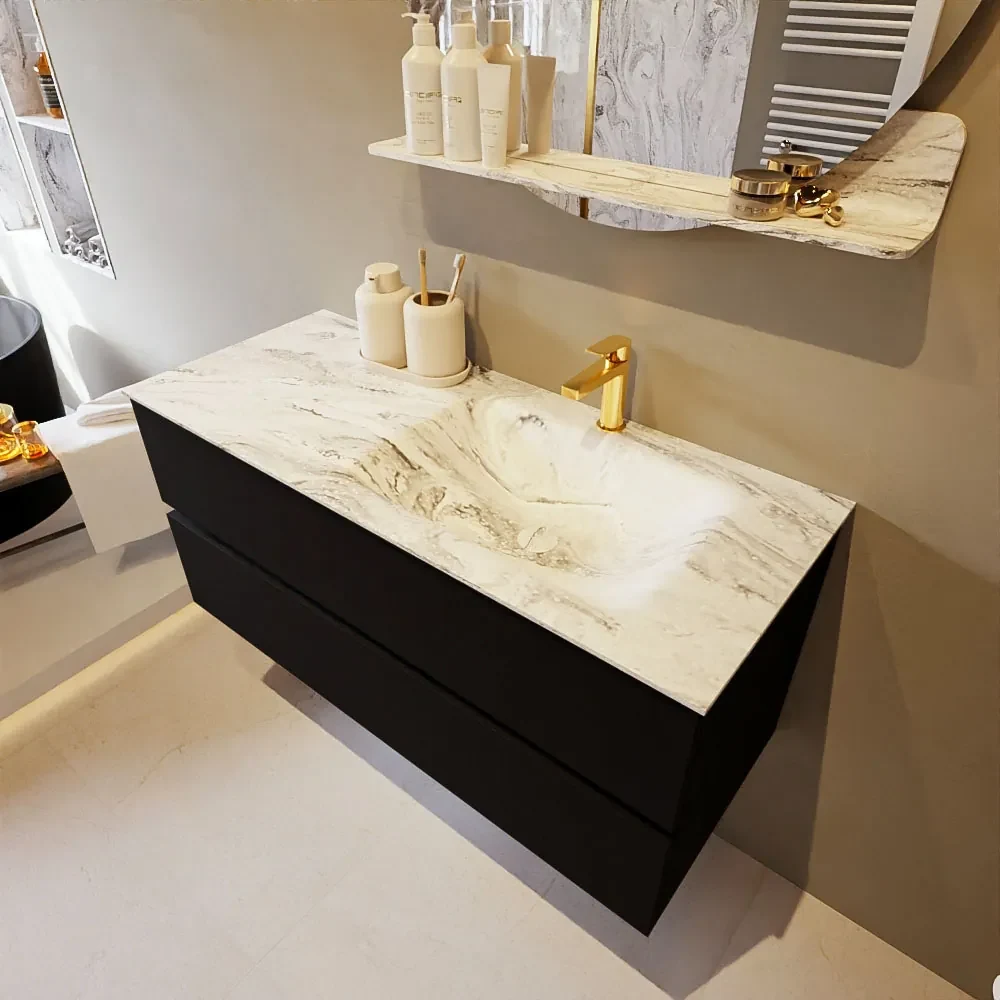 Mondiaz Vica DLux badmeubel 110cm urban 2 lades met wastafel glace rechts 1 kraangat