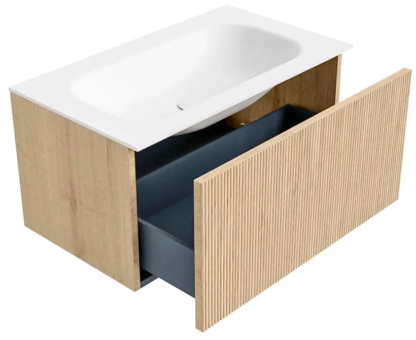 Mondiaz Kurve 80cm badmeubel oak met 1 lade en wastafel big small midden 1 kraangat