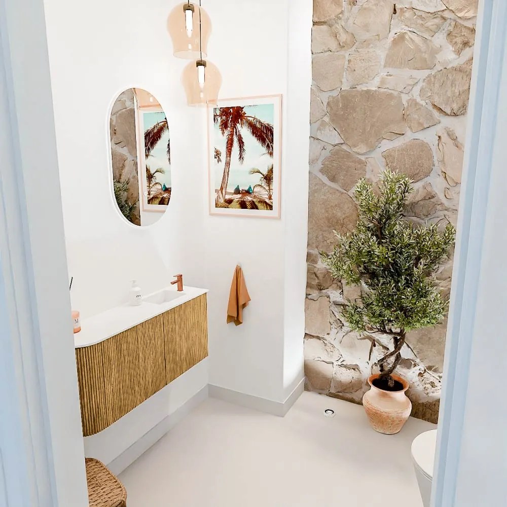 Mondiaz Joya 90cm toiletmeubel ronding links oak met wastafel faye rechts 1 kraangat talc