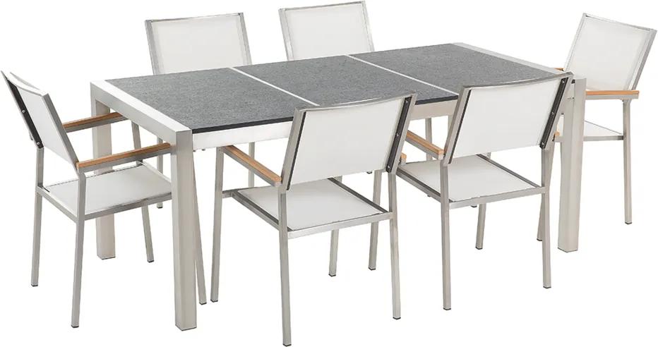 Tuinset gebrand graniet/RVS zwart driedelig tafelblad 180 x 90 cm met 6 stoelen wit GROSSETO