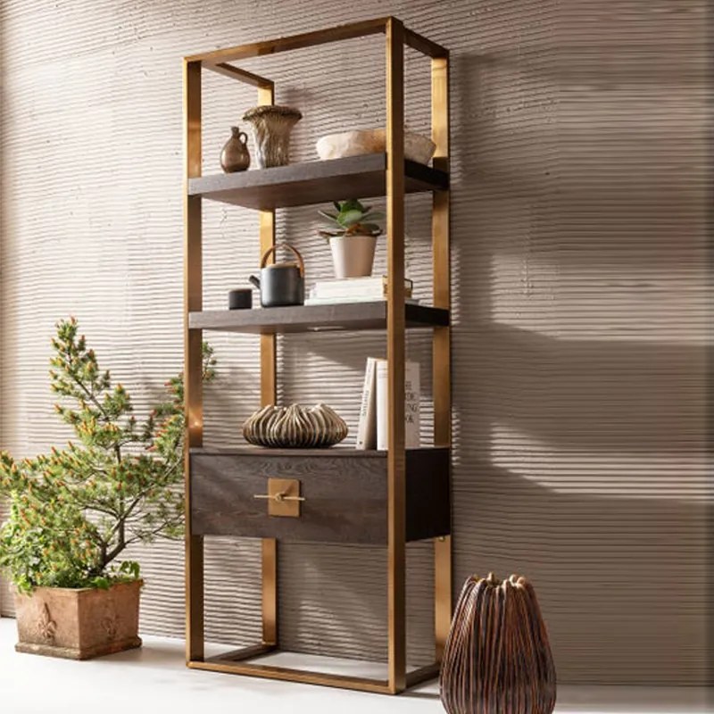 Open Wandkast Messing Met Hout - 82.4x45x210cm.