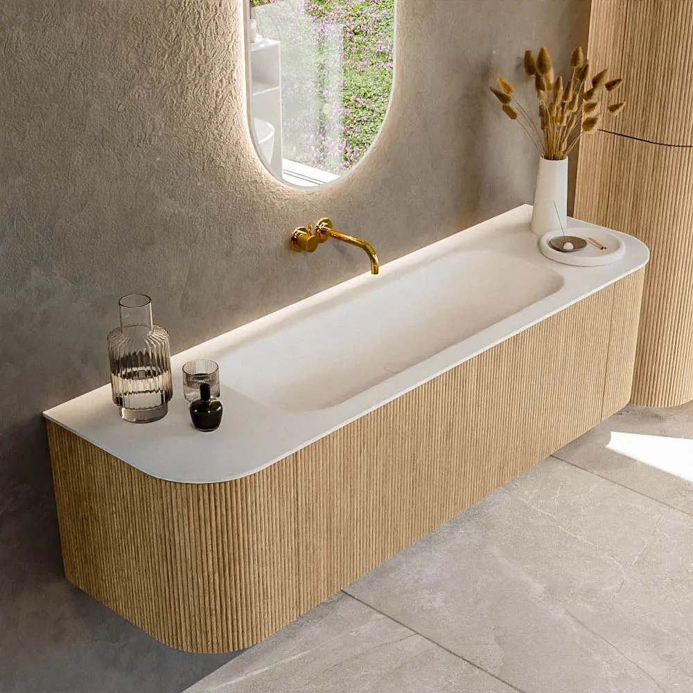 Mondiaz Kurve 160cm badmeubel ronding links/rechts oak met 1 lade en 2 deuren en wastafel big medium midden zonder kraangat