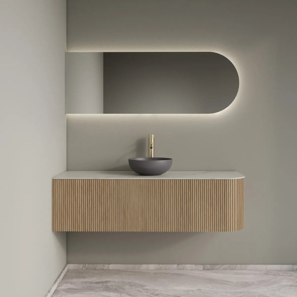Gliss Design Alluro badmeubel ribbelfront met ronding rechts 140cm mist en wit marmer toppaneel
