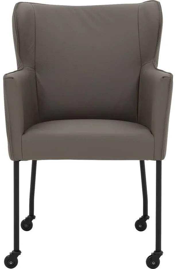 Goossens Excellent Eetkamerstoel Leogang grijs leer met armleuning en Zwart skater wiel met zwarte kapmet wielen, elegant chic