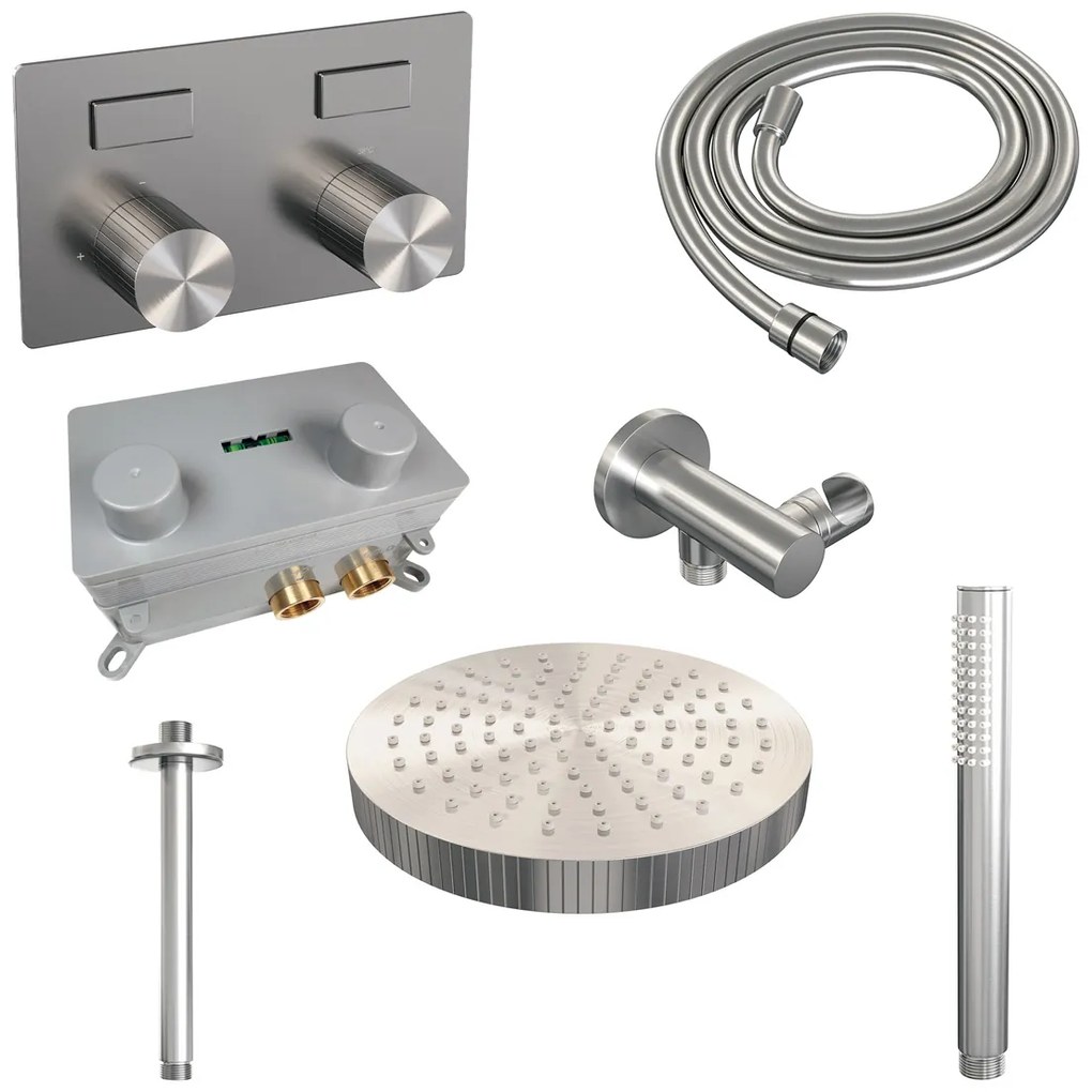 Brauer Stripe inbouw regendouche met 25cm hoofddouche, plafondarm en staafhanddouche set 27 RVS geborsteld PVD