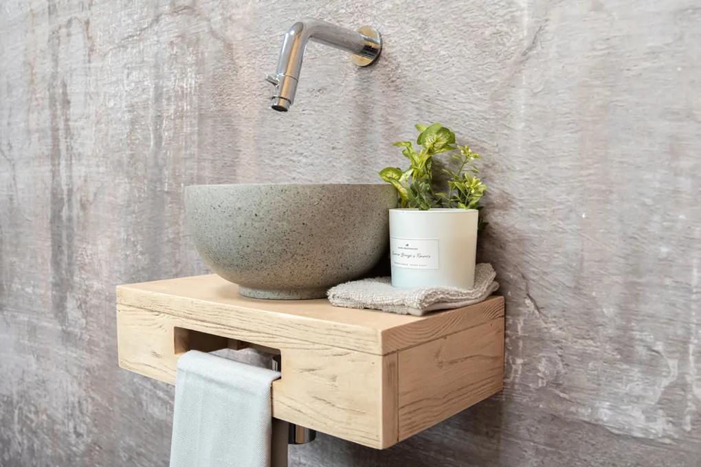 Saniclear Seba fonteinset met eiken plank, grijze terrazzo waskom en chromen kraan voor in het toilet