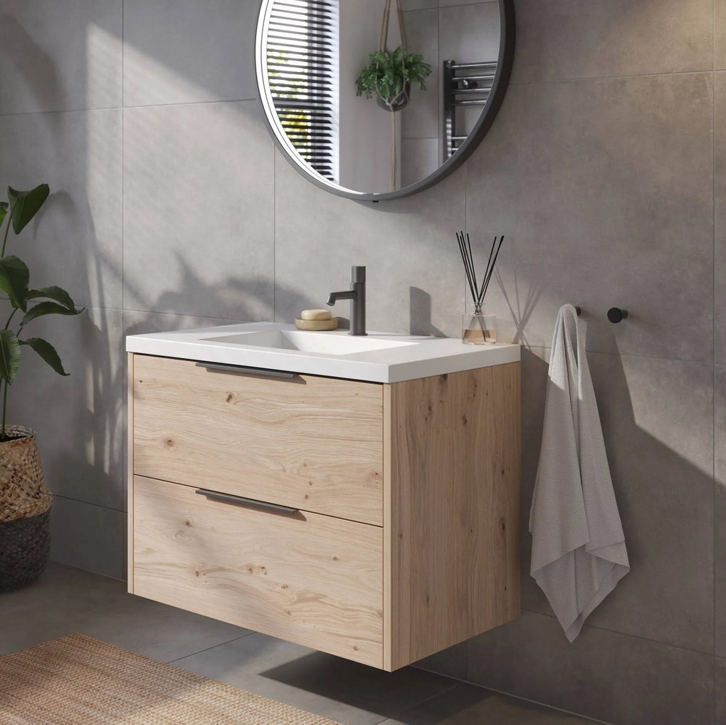 Saqu Lima badmeubel incl. mat witte wastafel 80x52x64cm naturel eiken – mat zwarte greep