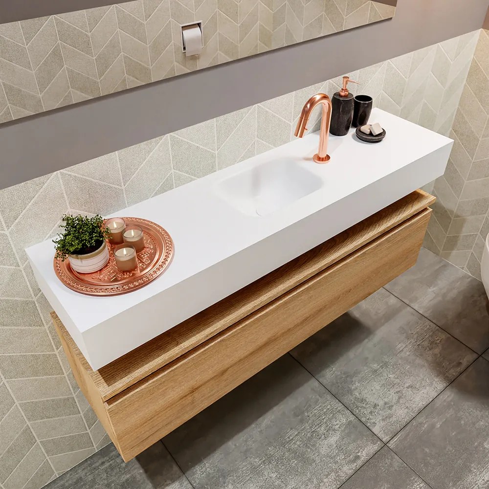 Mondiaz Andor toiletmeubel 120cm eiken met witte wastafel midden met kraangat
