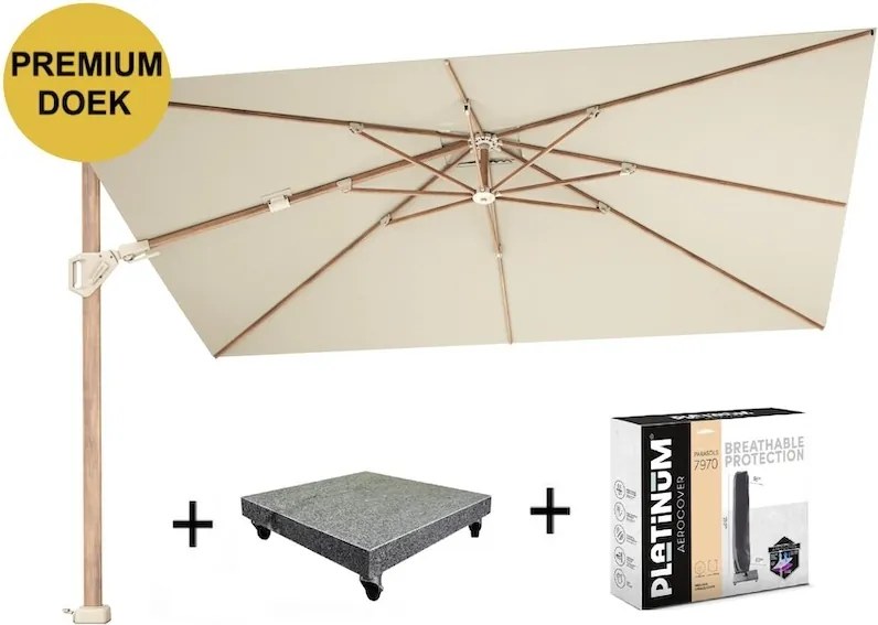 Challenger T2 premium parasol 260x350 cm teak champagne met 90KG voet en hoes