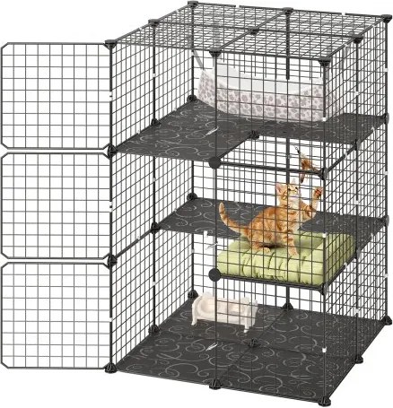 VEVOR Kattenkooi met 3 verdiepingen, Dierenkooi, 71,1 x 71,1 x 104,1 cm, Doe-het-zelf kattenren met hangmat, Verwijderbare metalen draadkooi voor binnengebruik, Ideaal voor 1-2 katten, Kleine dieren, Zwart