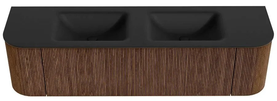 Mondiaz Kurve 170cm badmeubel ronding links/rechts walnut met 1 lade en 2 deuren en wastafel cloud dubbel 2 kraangaten urban