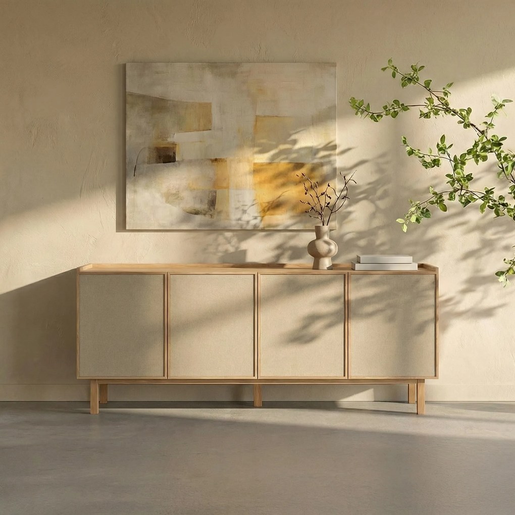 Eiken Dressoir Met Stoffen Deuren 180 Cm - 180x40x60cm.