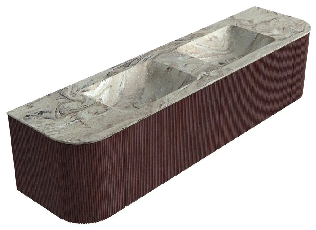 Mondiaz Kurve-dlux 180cm badmeubel ronding links/rechts ruby met 2 lades en deuren en wastafel leaf dubbel zonder kraangat glace