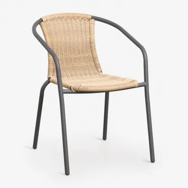 Set Van 2 Stapelbare Eetkamerstoelen Met Armleuningen Van Staal En Synthetisch Riet Kalymana Grafietgrijs - Natuurlijk - Sklum