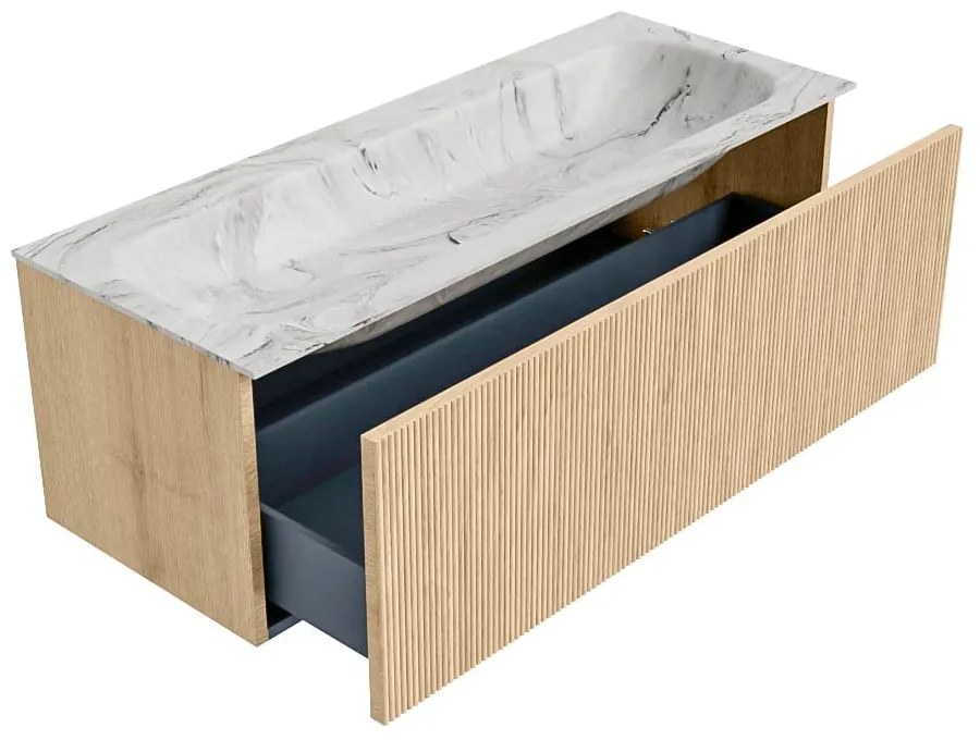 Mondiaz Kurve-dlux 120cm badmeubel oak met 1 lade en wastafel big large midden 2 kraangaten glace