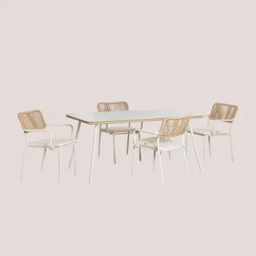 Rechthoekige Eettafelset 160x90 Cm Met 4 Stapelbare Eetkamerstoelen Van Gevlochten Touw Arhiza Naakt Beige - Sklum