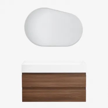 Badkamermeubelset Van Hout En Essenhoutfineer Met Geïntegreerde Wastafel Ona Donker Hout & Ovaal Led En Anticondens 100x65 Cm Meunier & Zonder - Sklum