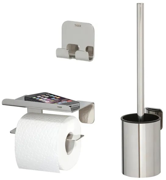 Tiger Colar Toilet Accessoireset - toiletrolhouder - met planchet - toiletborstelhouder - handdoekhaak - zelfklevend - gepolijst RVS 1314400302