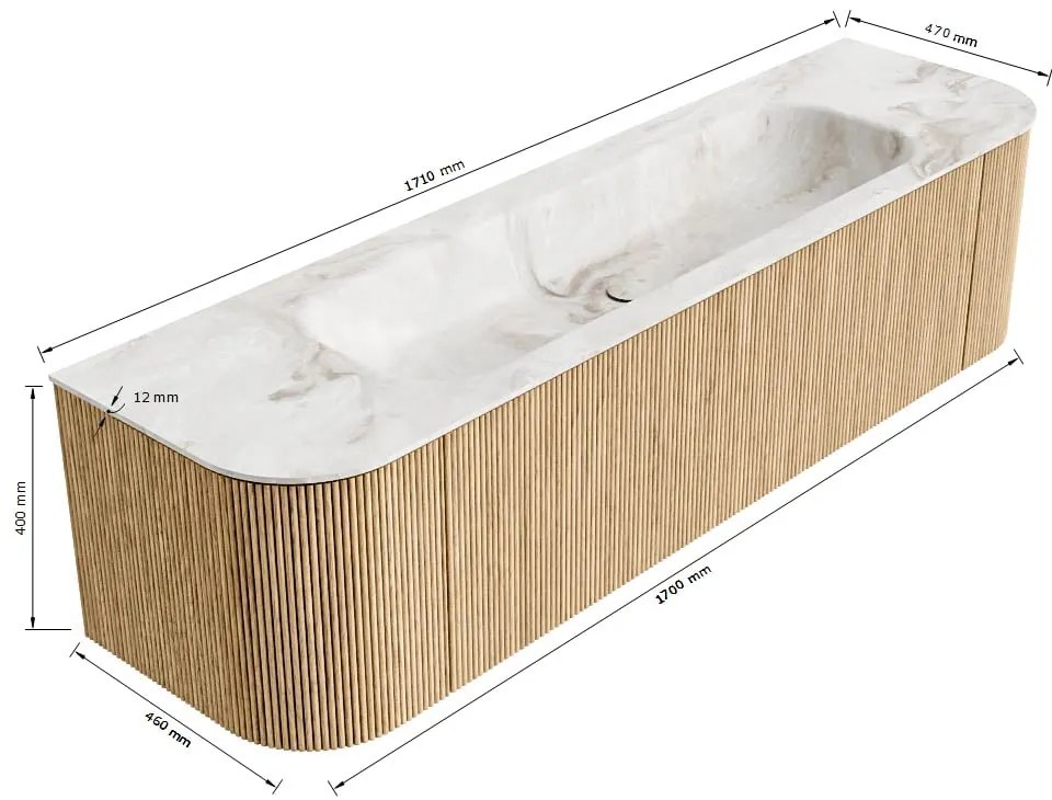 Mondiaz Kurve-dlux 170cm badmeubel ronding links/rechts oak met 1 lade en 2 deuren en wastafel big large midden 1 kraangat ostra
