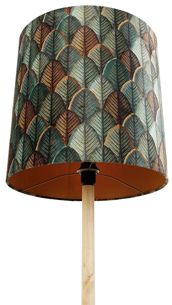 Vloerlamp hout met velours lampenkap blad dessin met gouden binnenkant - Mels Klassiek / Antiek, Landelijk E27 rond Binnenverlichting Lamp