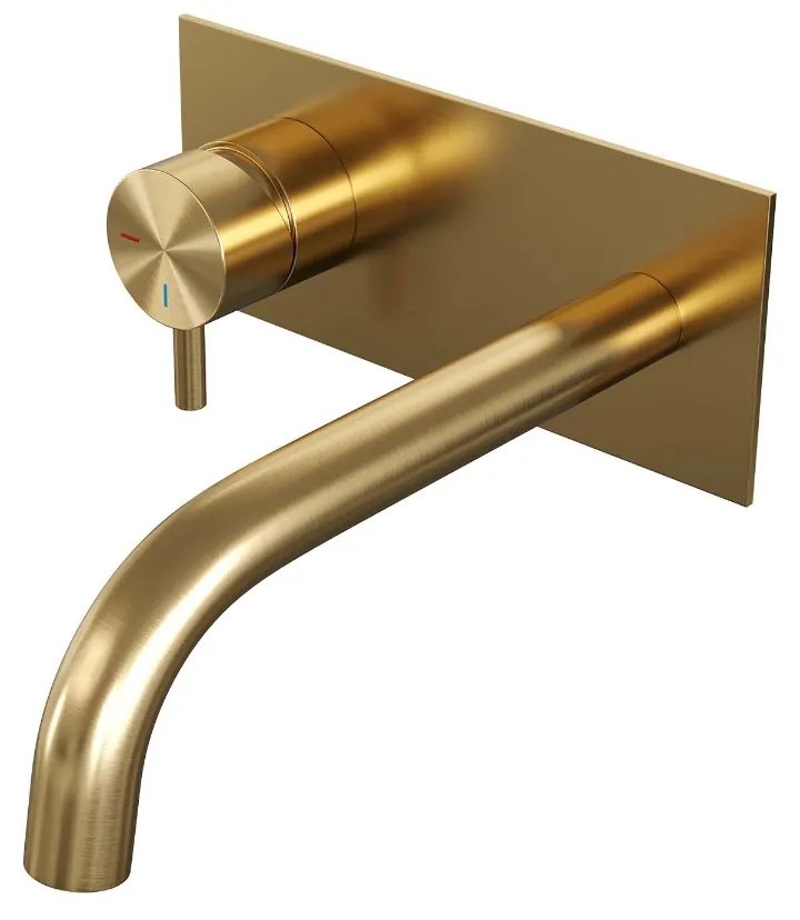 Brauer Gold Edition ColdStart wastafelkraan inbouw gebogen uitloop met achterplaat model B2 geborsteld messing PVD