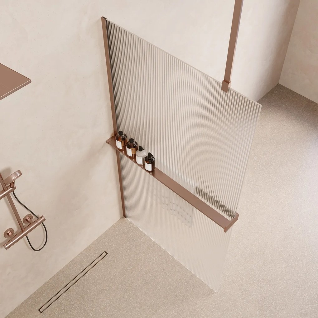 Saniclear Bright inloopdouche 120cm met handdoekhouder en ribbelglas geborsteld koper