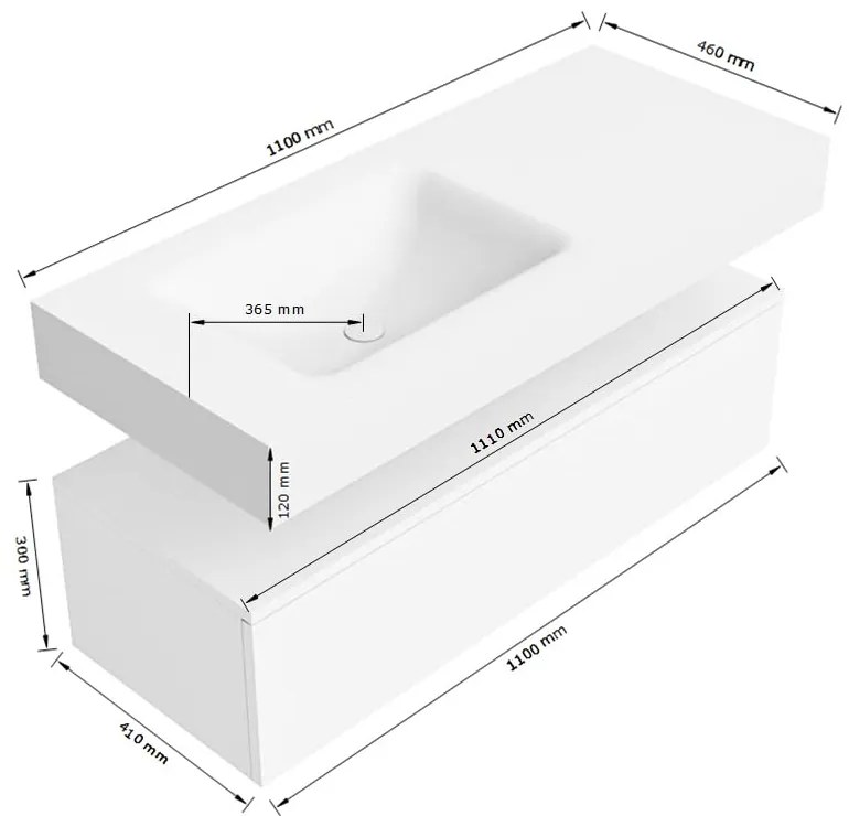 Zaro Alan badmeubel 110cm talc 1 lade met vrijhangende wastafel cloud links 1 kraangat urban